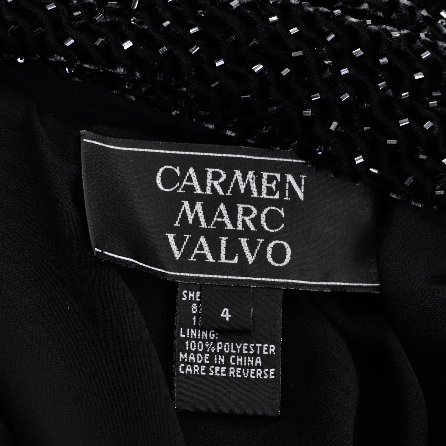 1990s Carmen Marc Valvo Black Beaded Evening Dress with Drop Neckline Size Small