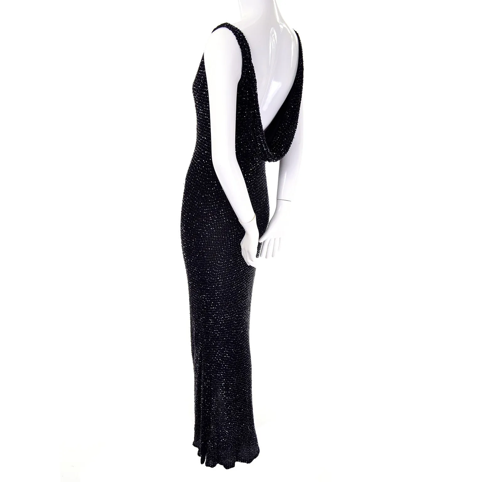 1990s Carmen Marc Valvo Black Beaded Evening Dress with Drop Neckline Size Small