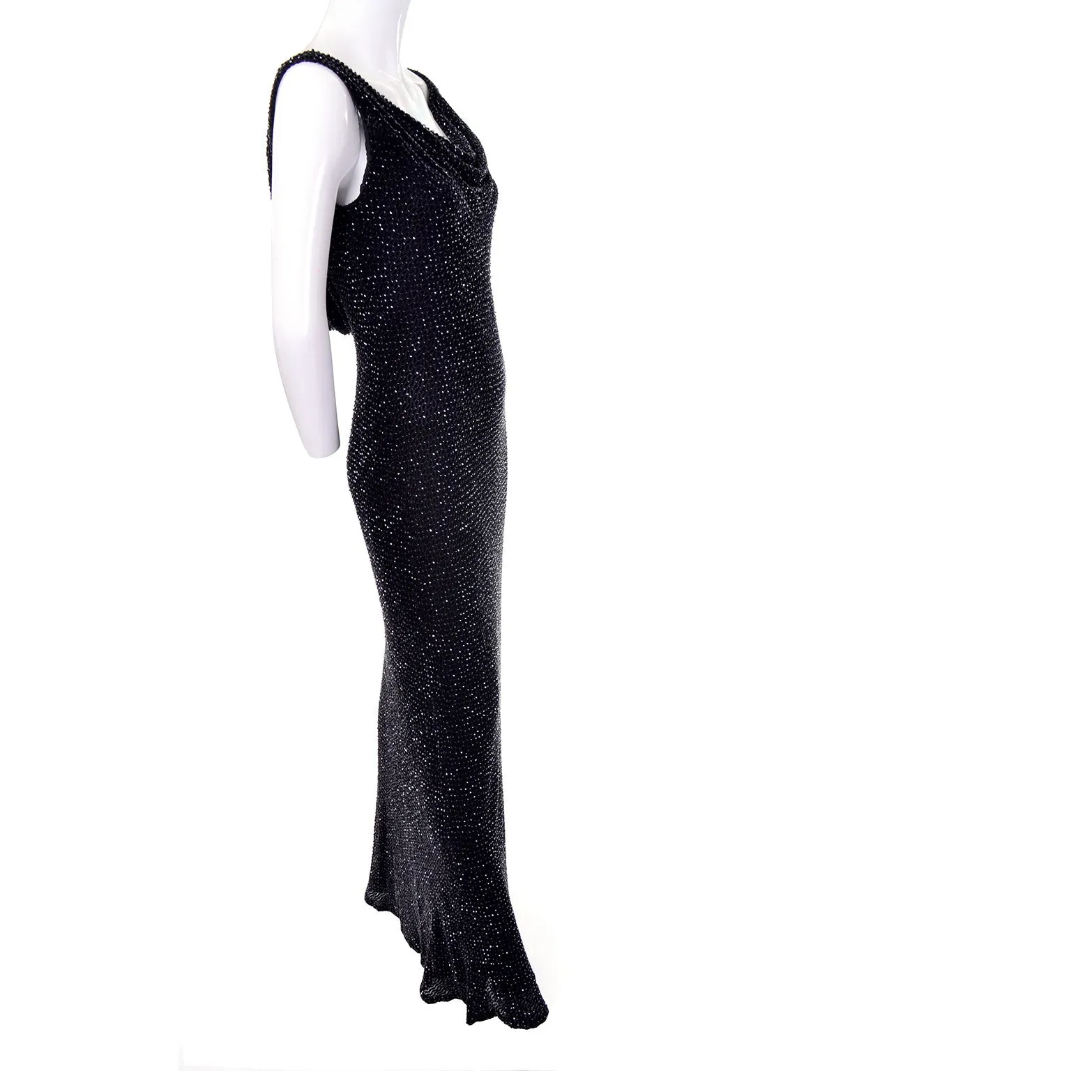 1990s Carmen Marc Valvo Black Beaded Evening Dress with Drop Neckline Size Small