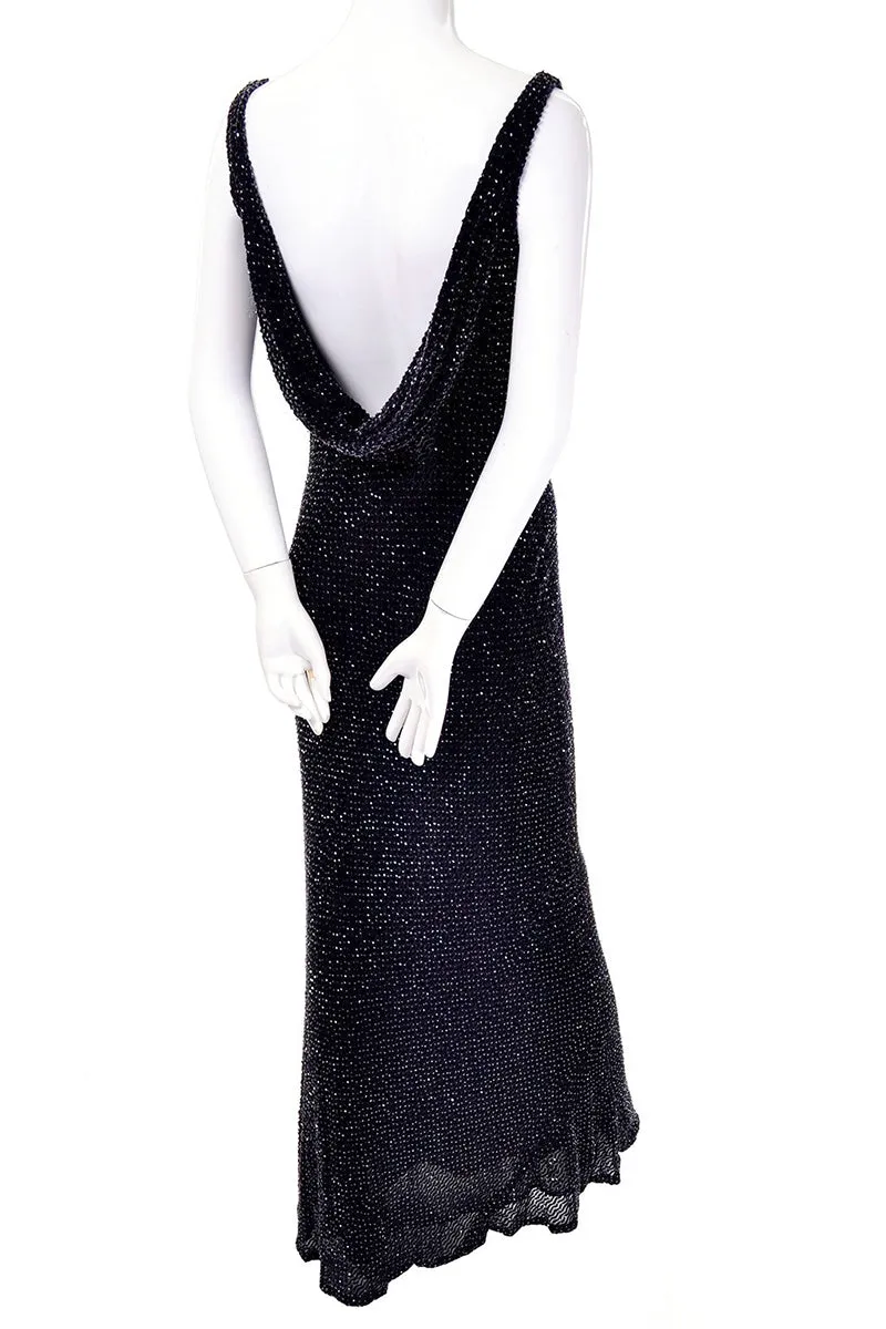1990s Carmen Marc Valvo Black Beaded Evening Dress with Drop Neckline Size Small
