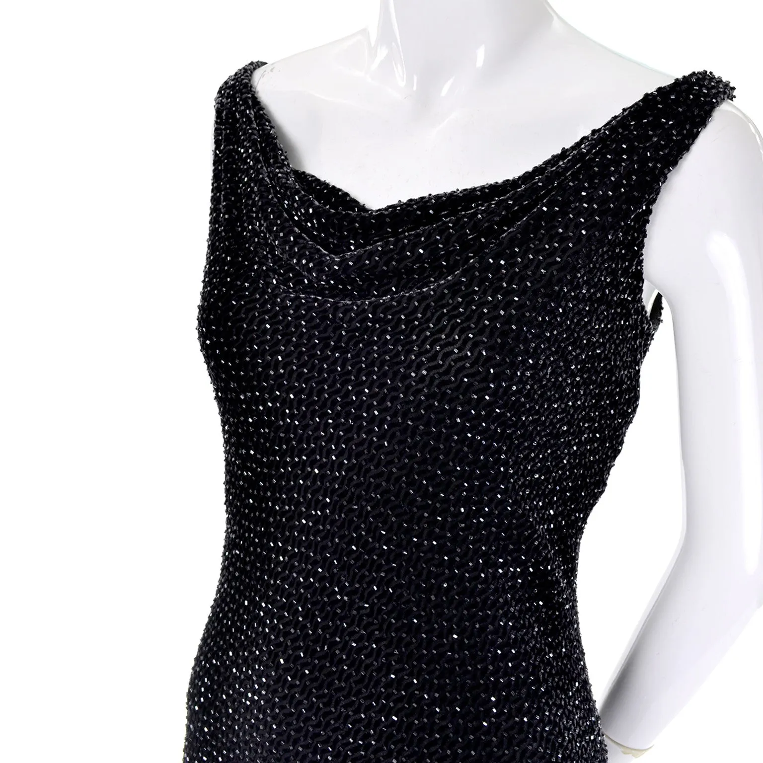 1990s Carmen Marc Valvo Black Beaded Evening Dress with Drop Neckline Size Small