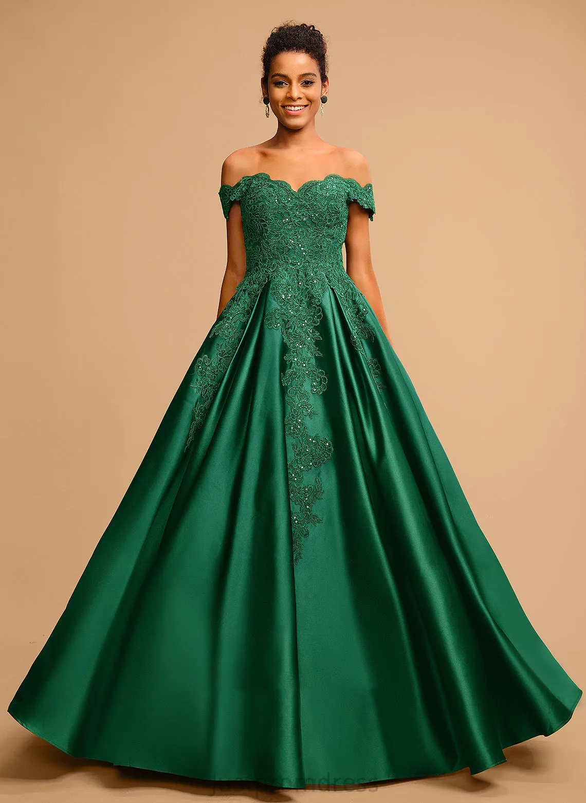 Angie Prom Dresses Sequins With Floor-Length Ball-Gown/Princess Satin Off-the-Shoulder