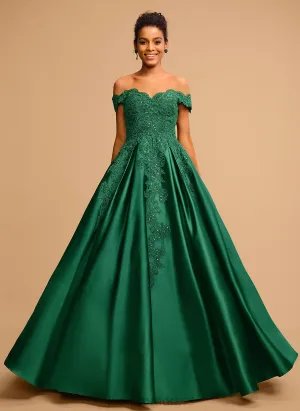 Angie Prom Dresses Sequins With Floor-Length Ball-Gown/Princess Satin Off-the-Shoulder