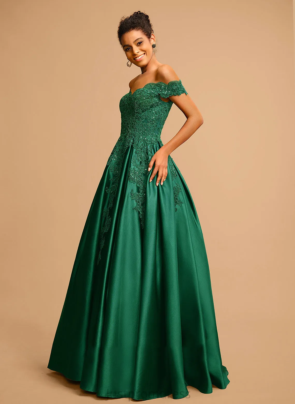 Angie Prom Dresses Sequins With Floor-Length Ball-Gown/Princess Satin Off-the-Shoulder