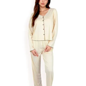 Anna-Kaci Women's Satin 2-Piece Pajama Set with Button-Up Long Sleeve Top and Relaxed Fit Pants