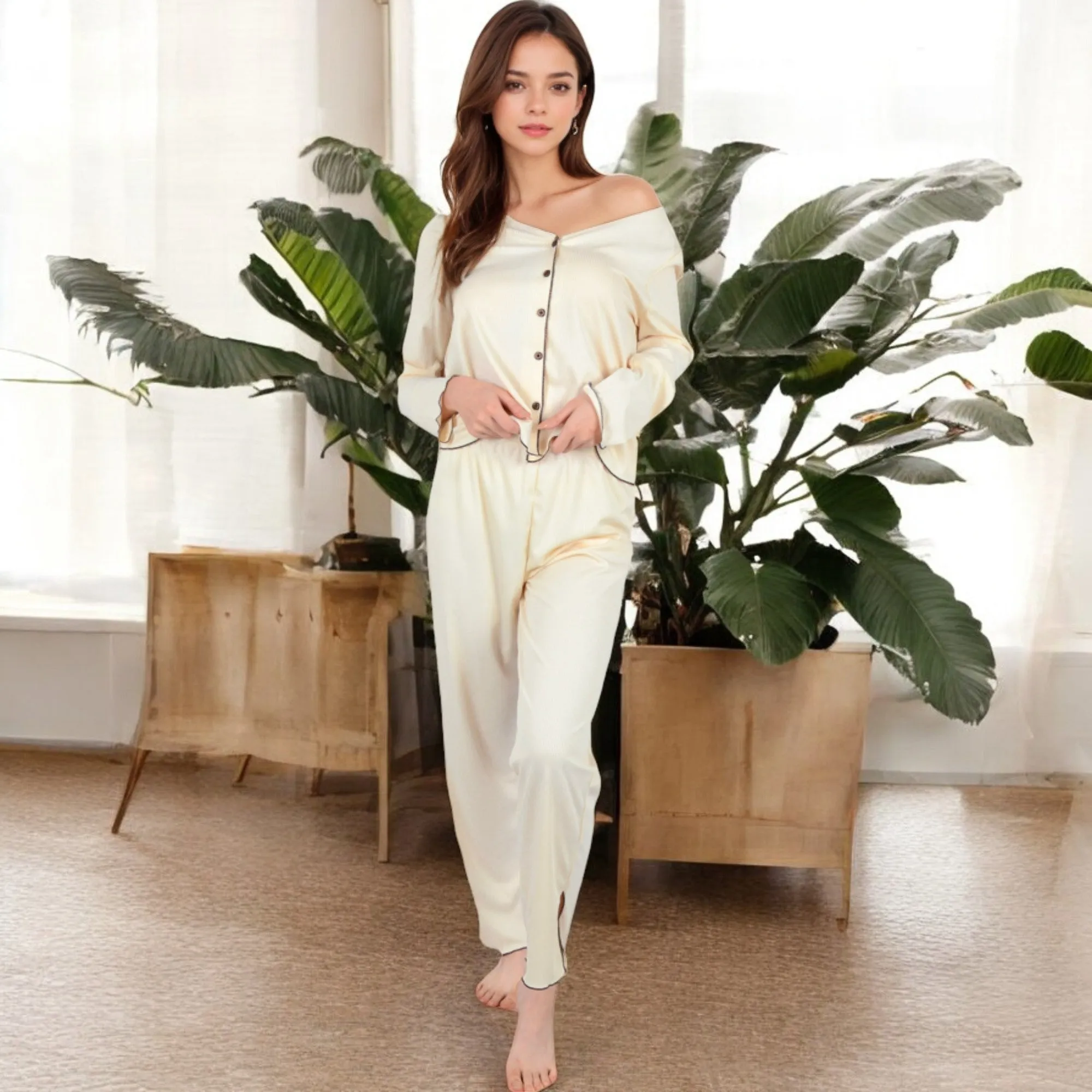 Anna-Kaci Women's Satin 2-Piece Pajama Set with Button-Up Long Sleeve Top and Relaxed Fit Pants