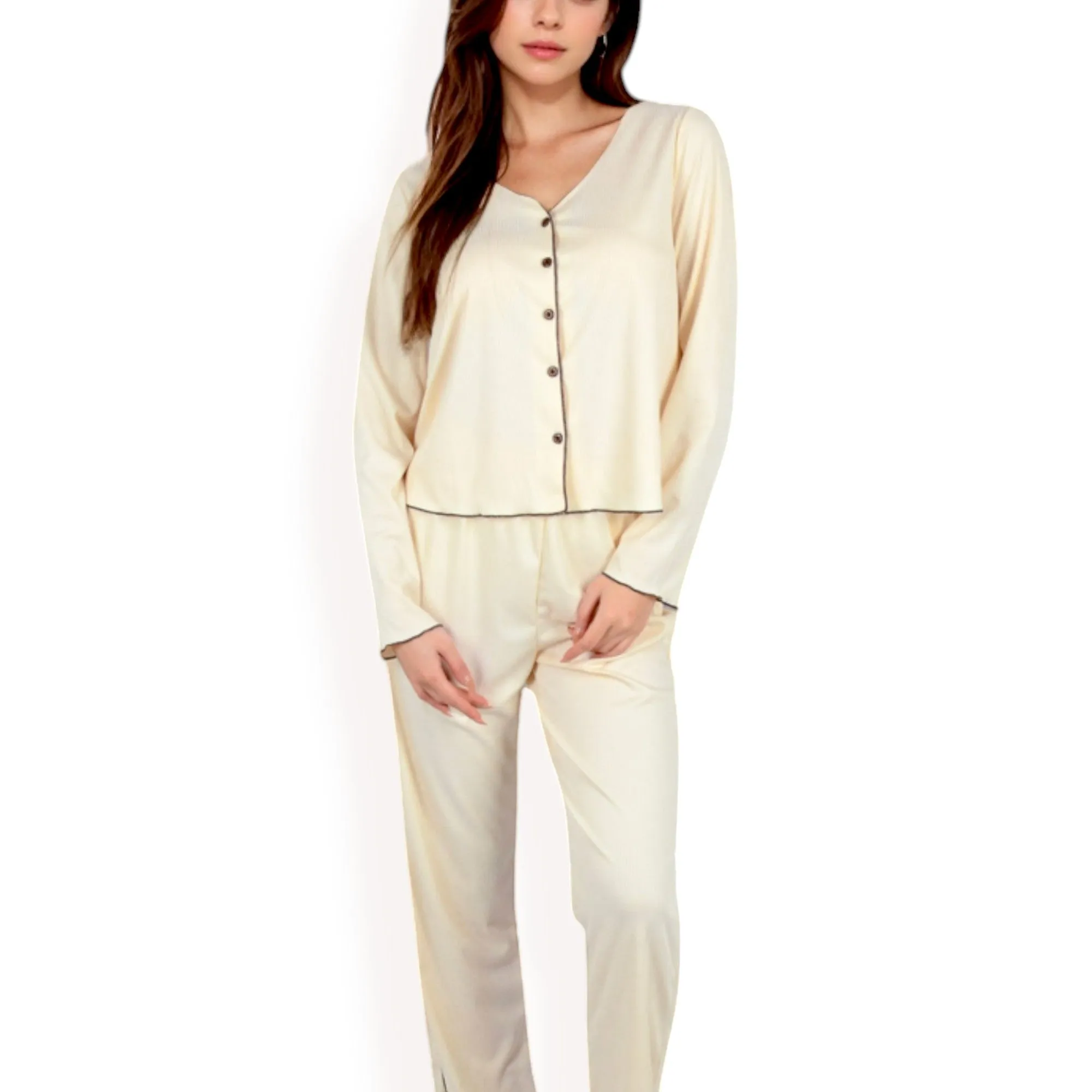 Anna-Kaci Women's Satin 2-Piece Pajama Set with Button-Up Long Sleeve Top and Relaxed Fit Pants