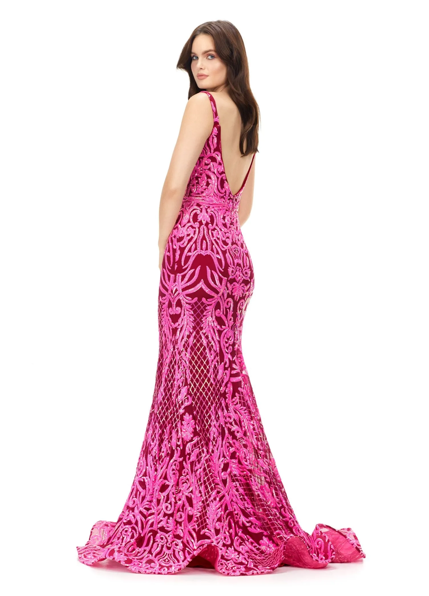 Ashley Lauren 11113 Size 18 Burgundy Prom Dress Long Fitted Sequin Formal Prom Pageant Gown V Neck