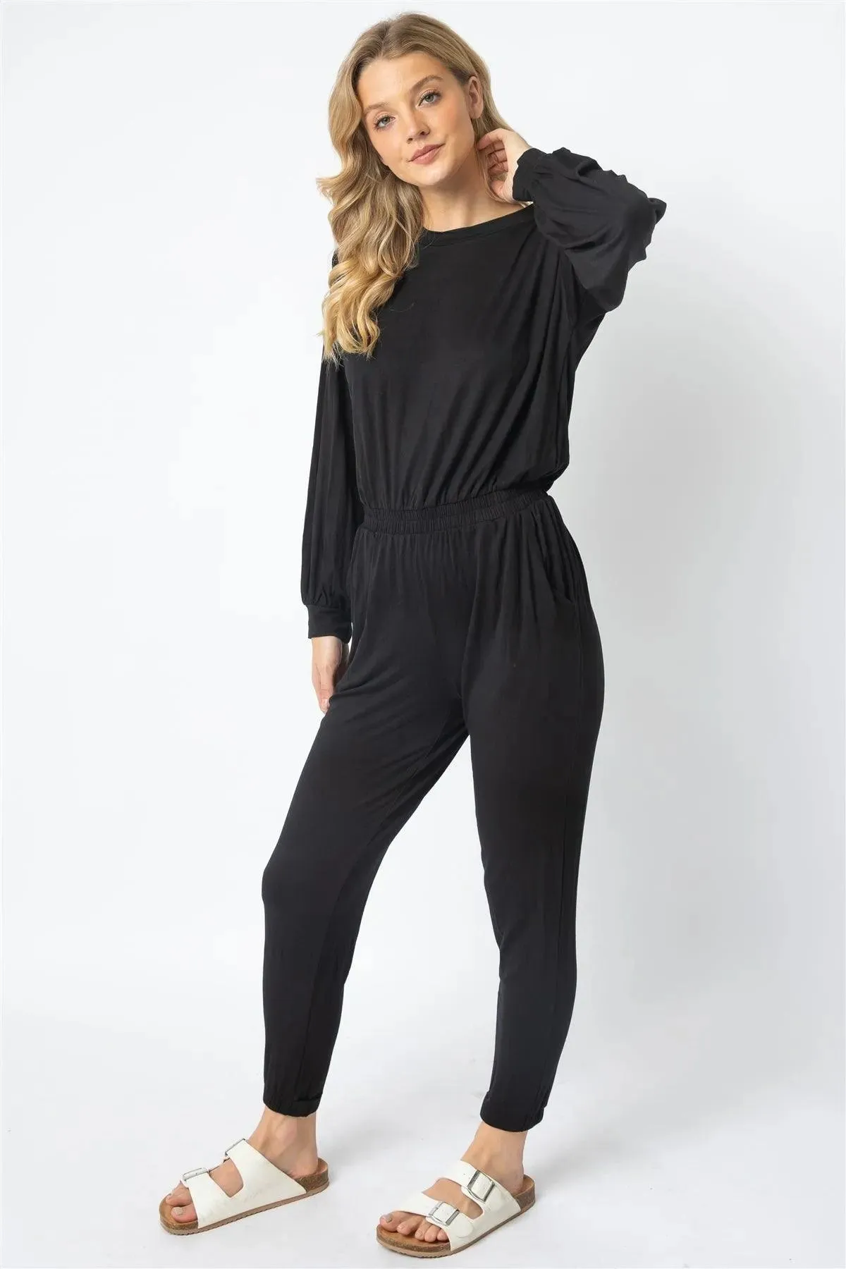 Black Shoulder Pad Long Sleeve Jumpsuit