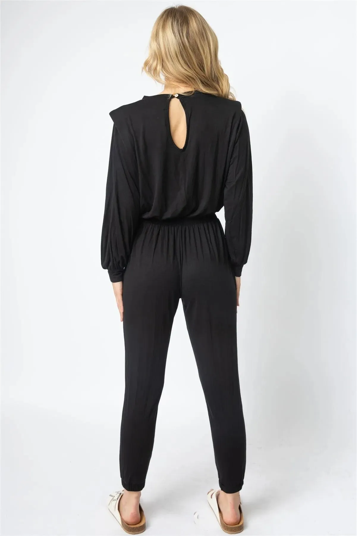 Black Shoulder Pad Long Sleeve Jumpsuit