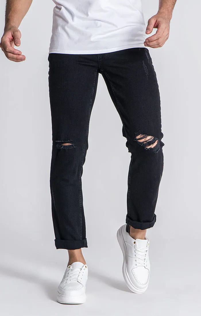 Black Straight-Leg Ripped Jeans