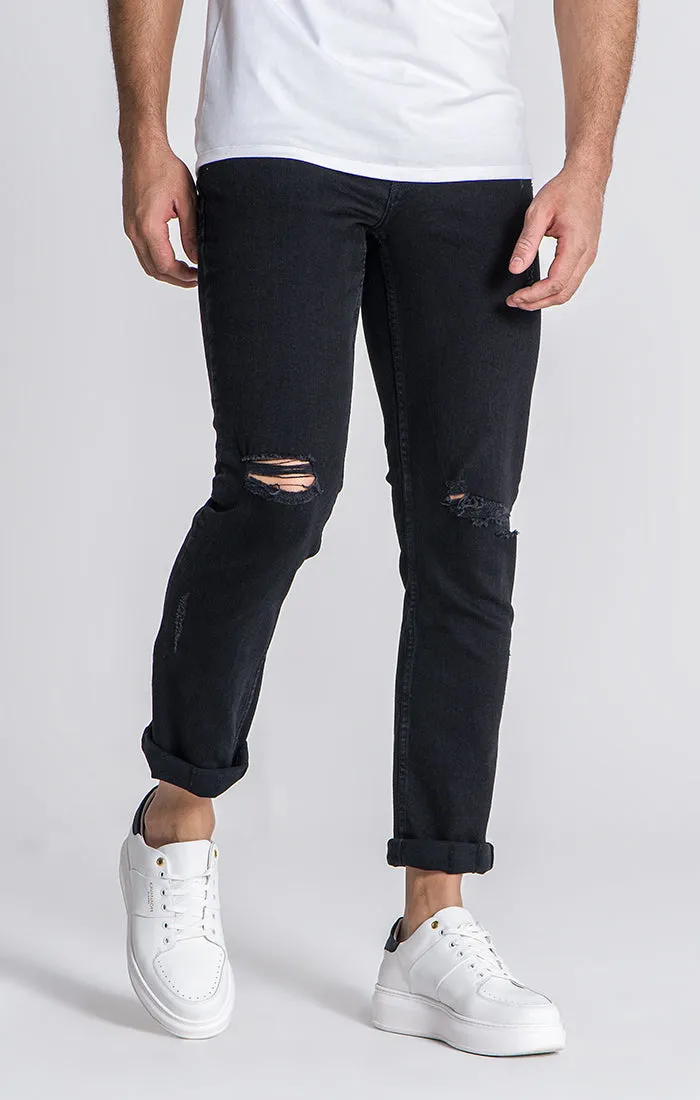 Black Straight-Leg Ripped Jeans