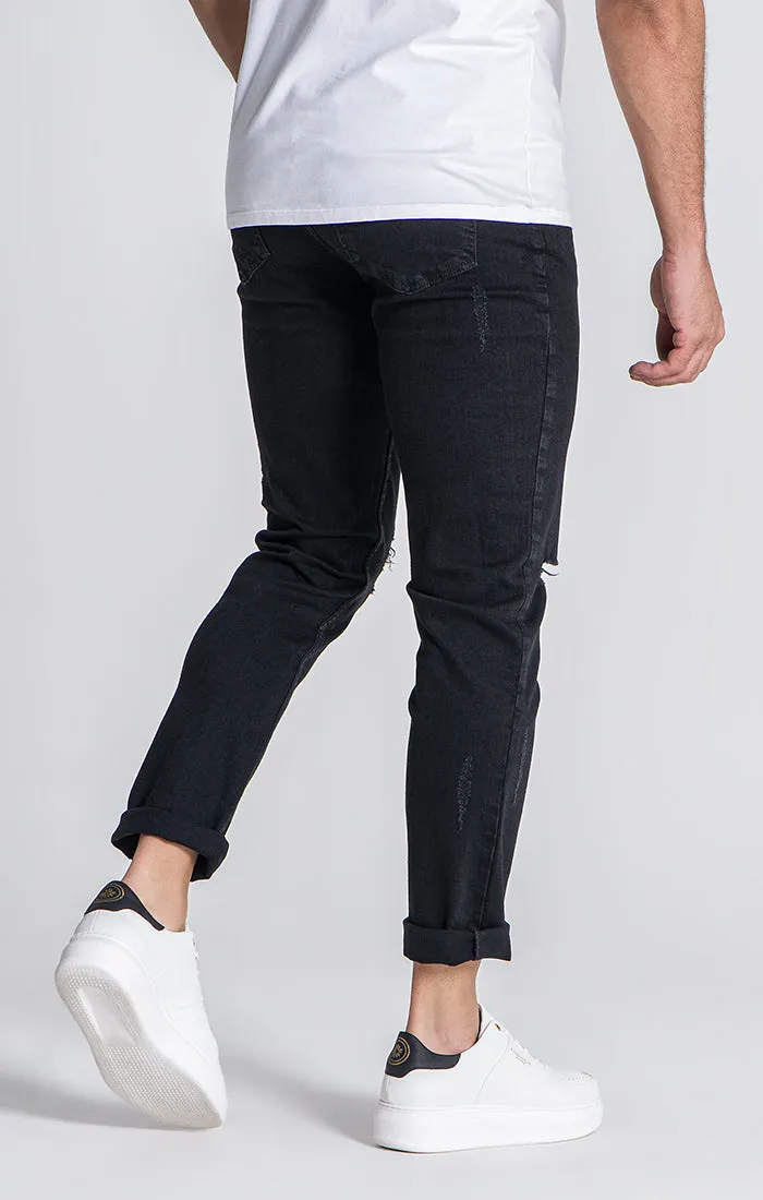 Black Straight-Leg Ripped Jeans
