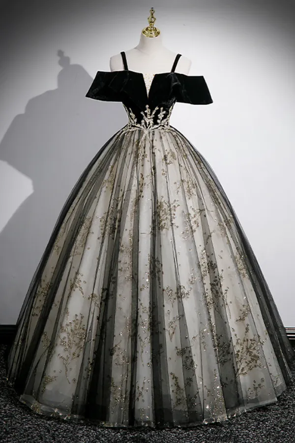 Black Velvet and Sequins Long Prom Dress, Black Off the Shoulder A Line Evening Dress PFP2474