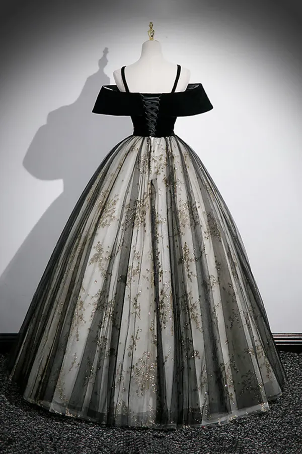 Black Velvet and Sequins Long Prom Dress, Black Off the Shoulder A Line Evening Dress PFP2474