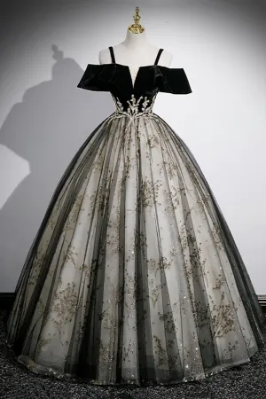 Black Velvet and Sequins Long Prom Dress, Black Off the Shoulder A Line Evening Dress PFP2474