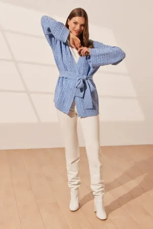 Blue Aurora Australian Wool Cashmere Braided Belted Long Sleeve Women's Cardigan