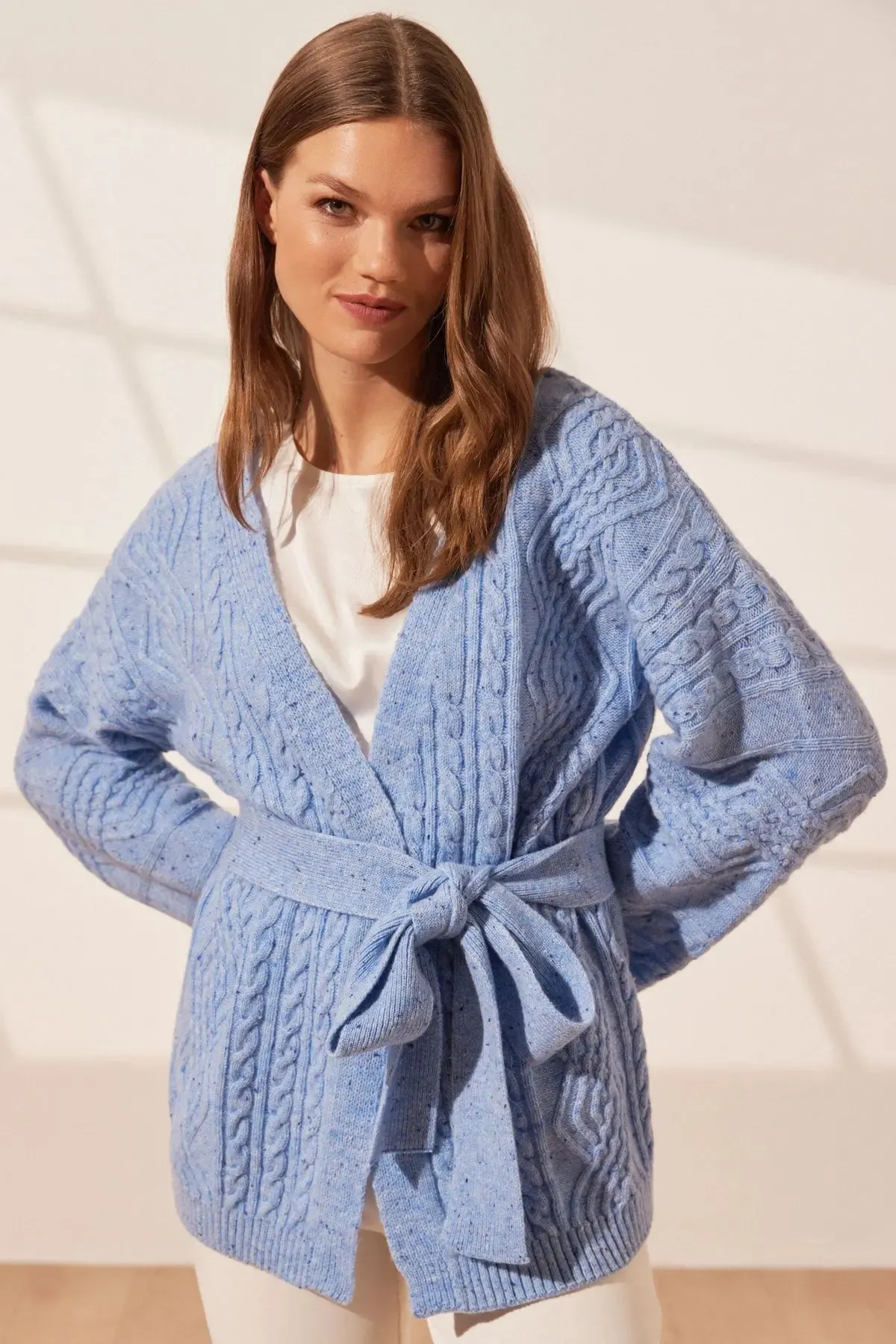Blue Aurora Australian Wool Cashmere Braided Belted Long Sleeve Women's Cardigan