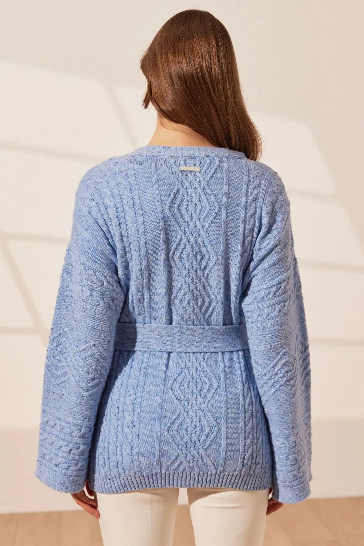 Blue Aurora Australian Wool Cashmere Braided Belted Long Sleeve Women's Cardigan
