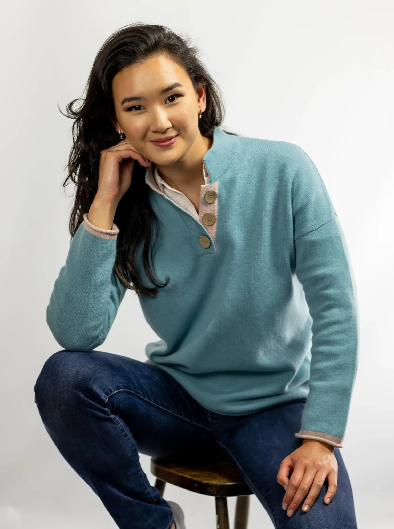 Cashmere and Merino High Collar Jumper | Duck Egg Blue