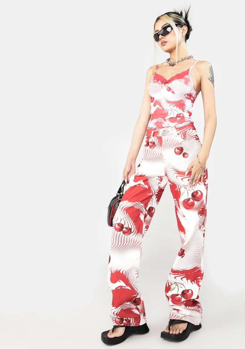 Cherry Swirl Print Slouchy Boyfriend Jeans