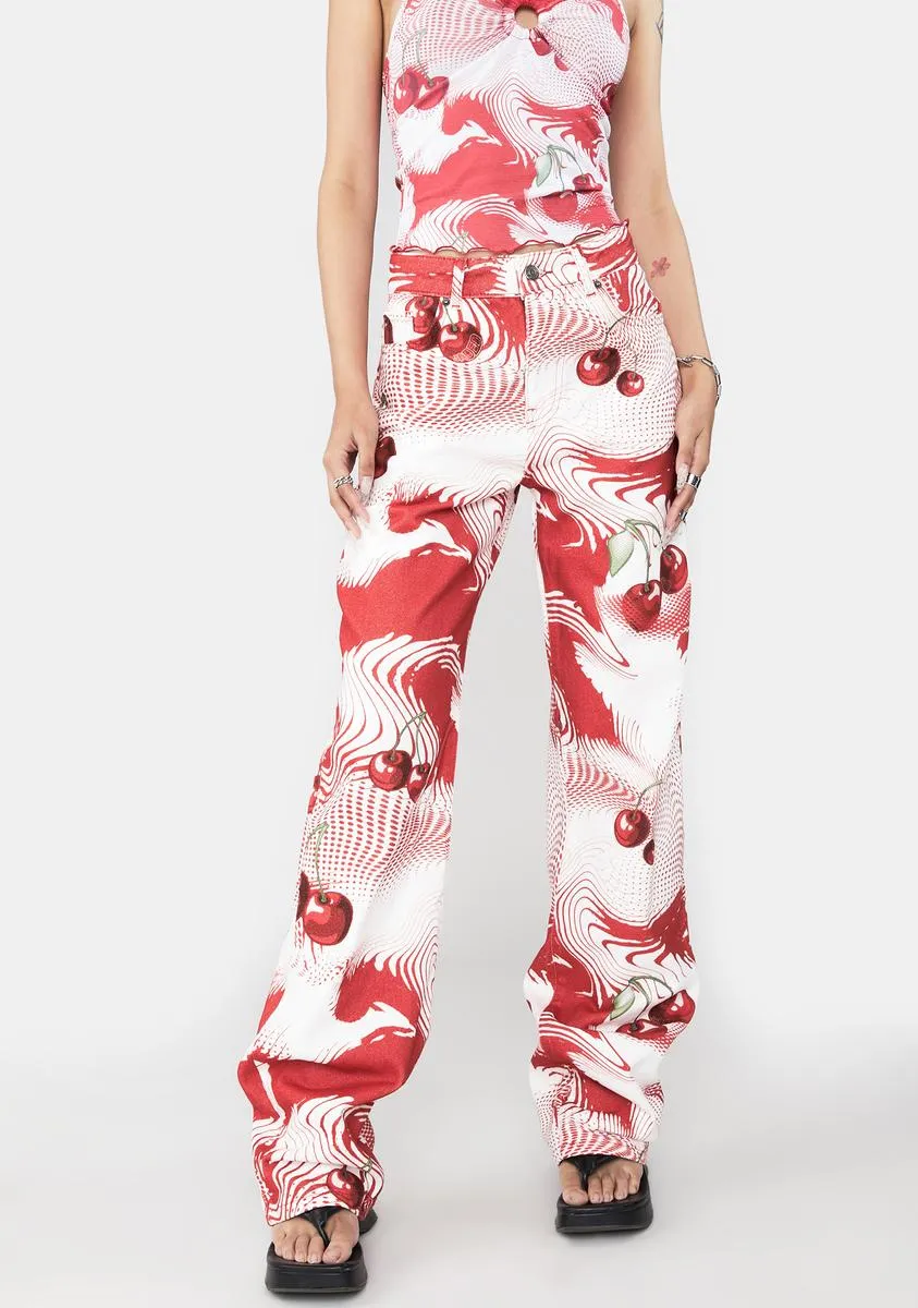 Cherry Swirl Print Slouchy Boyfriend Jeans