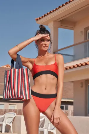 Dark Orange Round Neck Elasticated Ribbed Detail Tank Top & High-Waisted High-Leg Black Waist Detail Cheeky Bottom Two-Piece Swimsuit /2-2-1-1