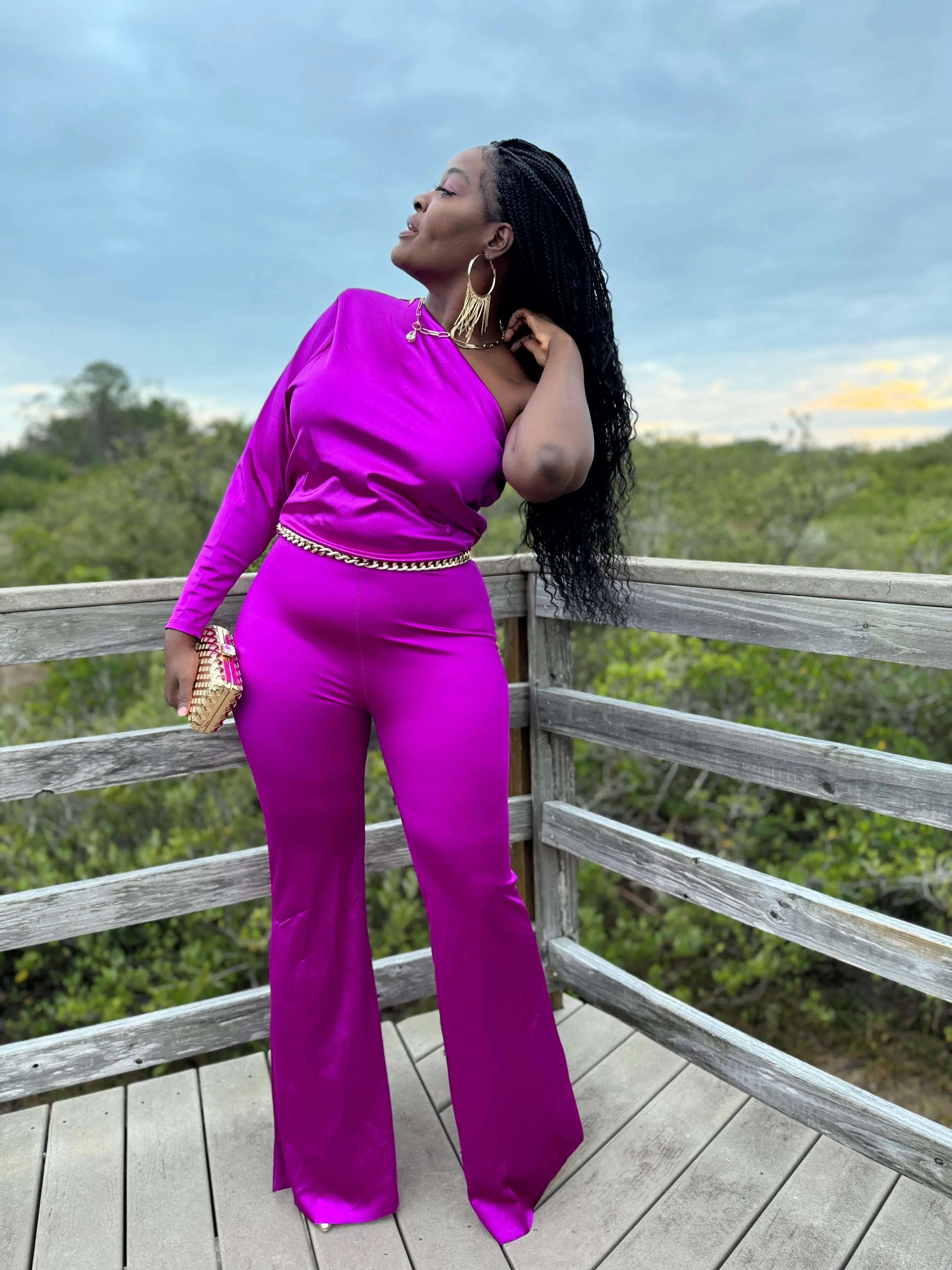 Elegant Magenta Satin One Shoulder Jumpsuit