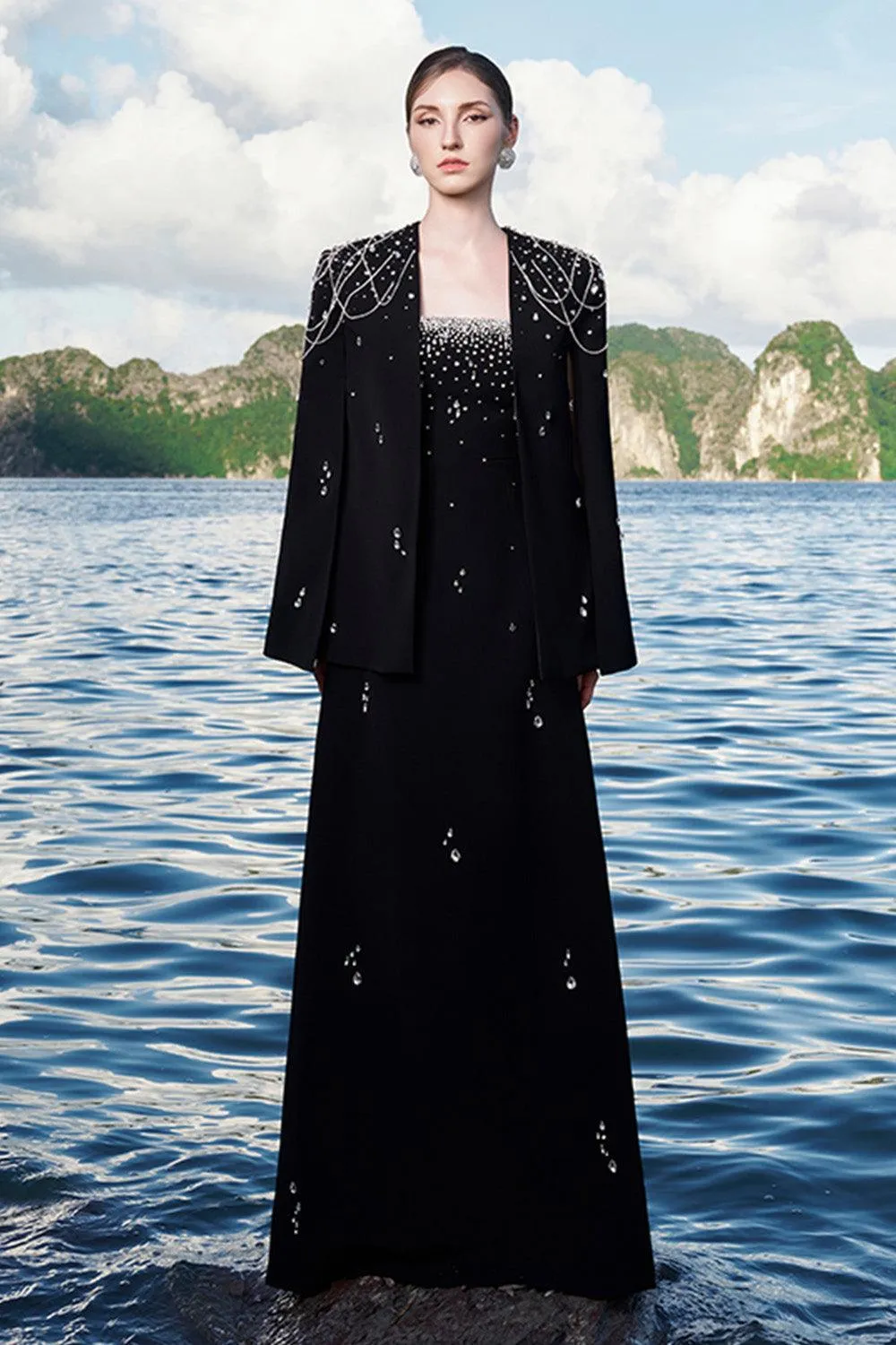 Ermias A-line Straight Across Neck Velvet Satin Floor Length Dress