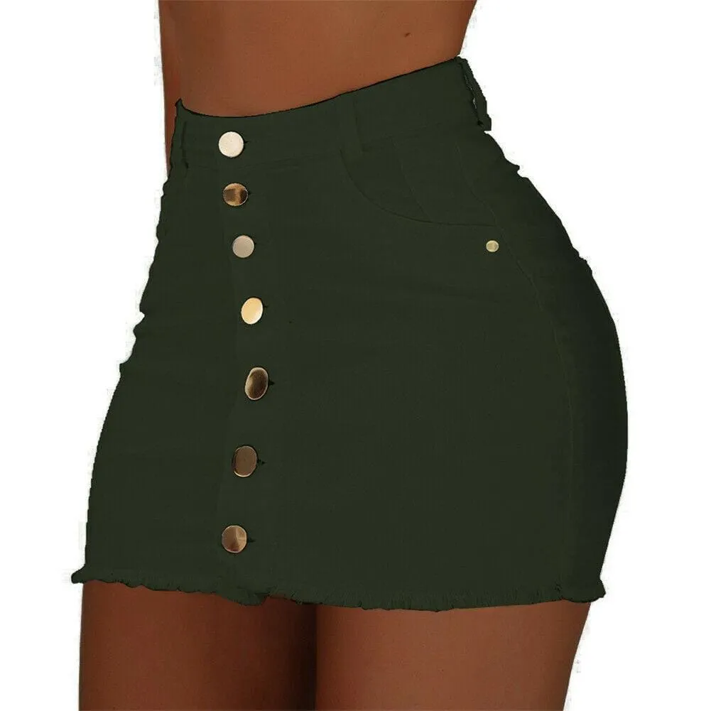 FashionSierra - High Waist Button Skirt Denim Jean Bodycon Casual Party A-line Short Stretch Mini Dress