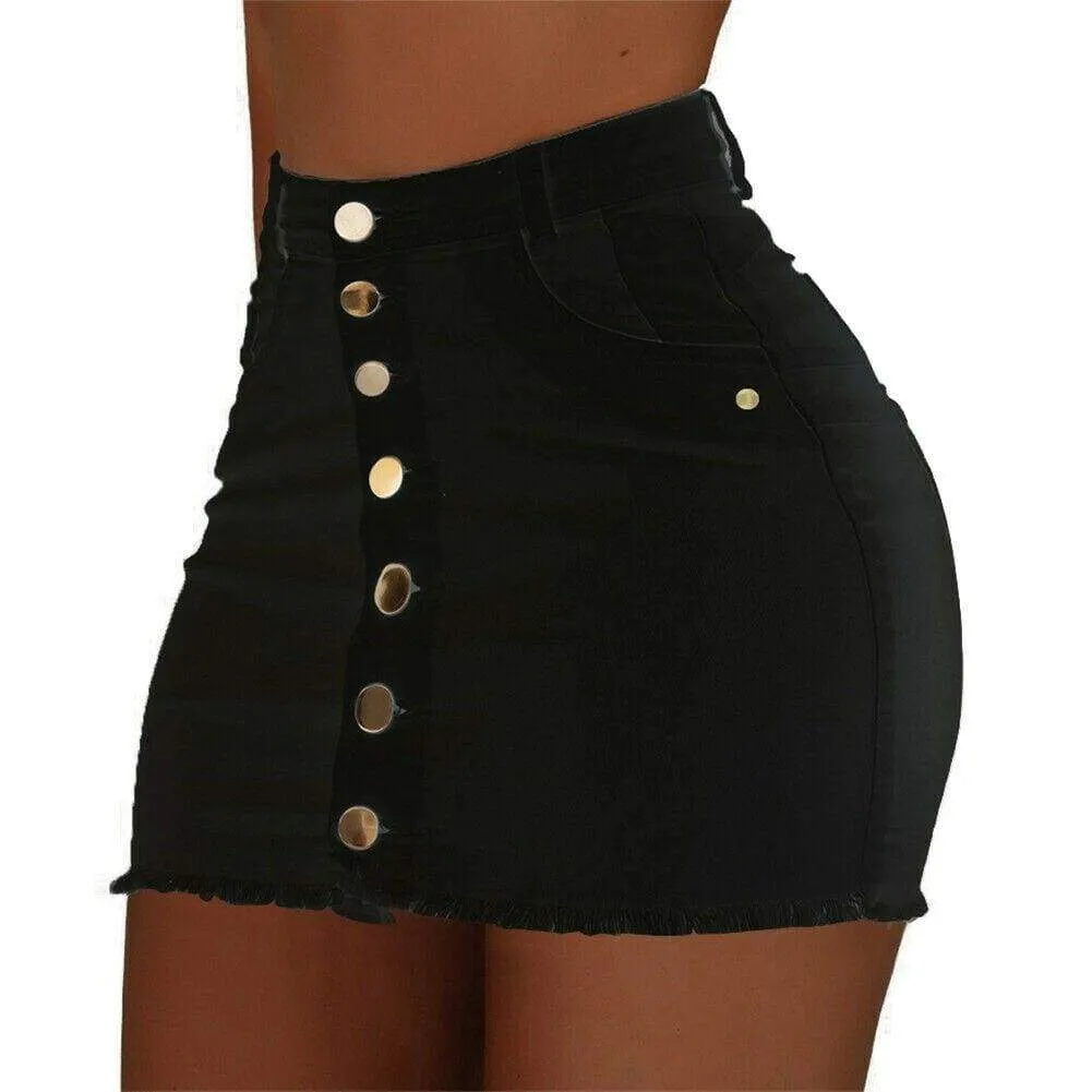 FashionSierra - High Waist Button Skirt Denim Jean Bodycon Casual Party A-line Short Stretch Mini Dress