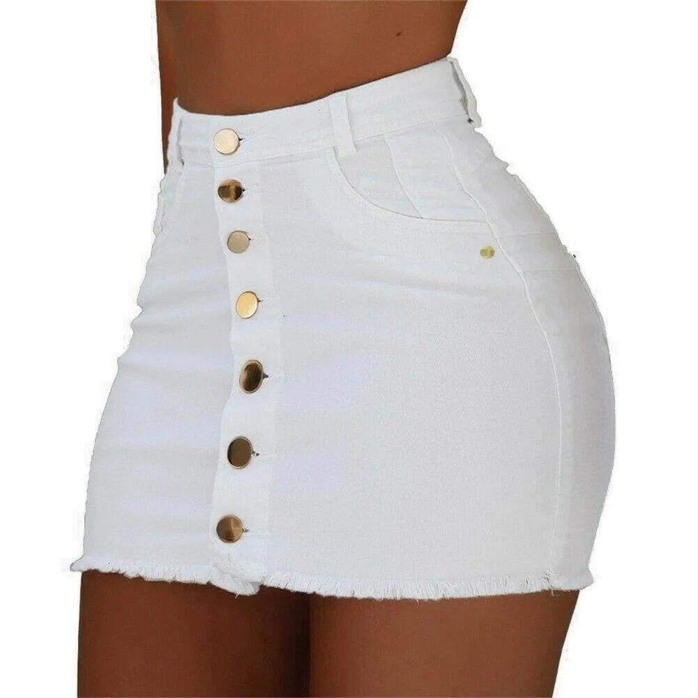 FashionSierra - High Waist Button Skirt Denim Jean Bodycon Casual Party A-line Short Stretch Mini Dress