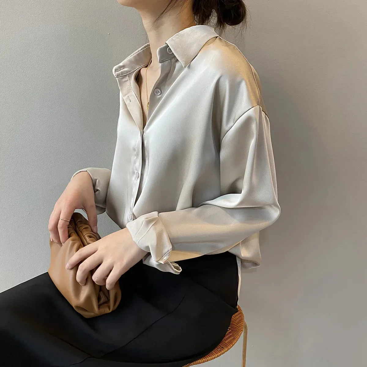 Ivyshape | Chic Satin Button-Up Shirt for Women
