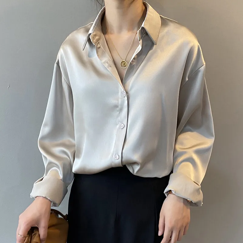 Ivyshape | Chic Satin Button-Up Shirt for Women