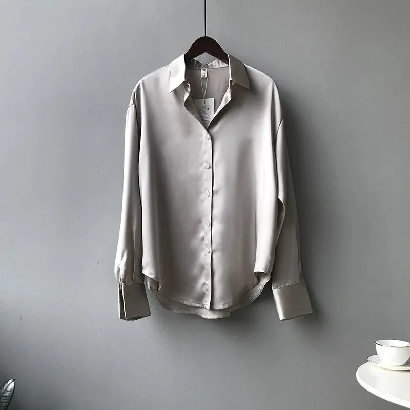 Ivyshape | Chic Satin Button-Up Shirt for Women