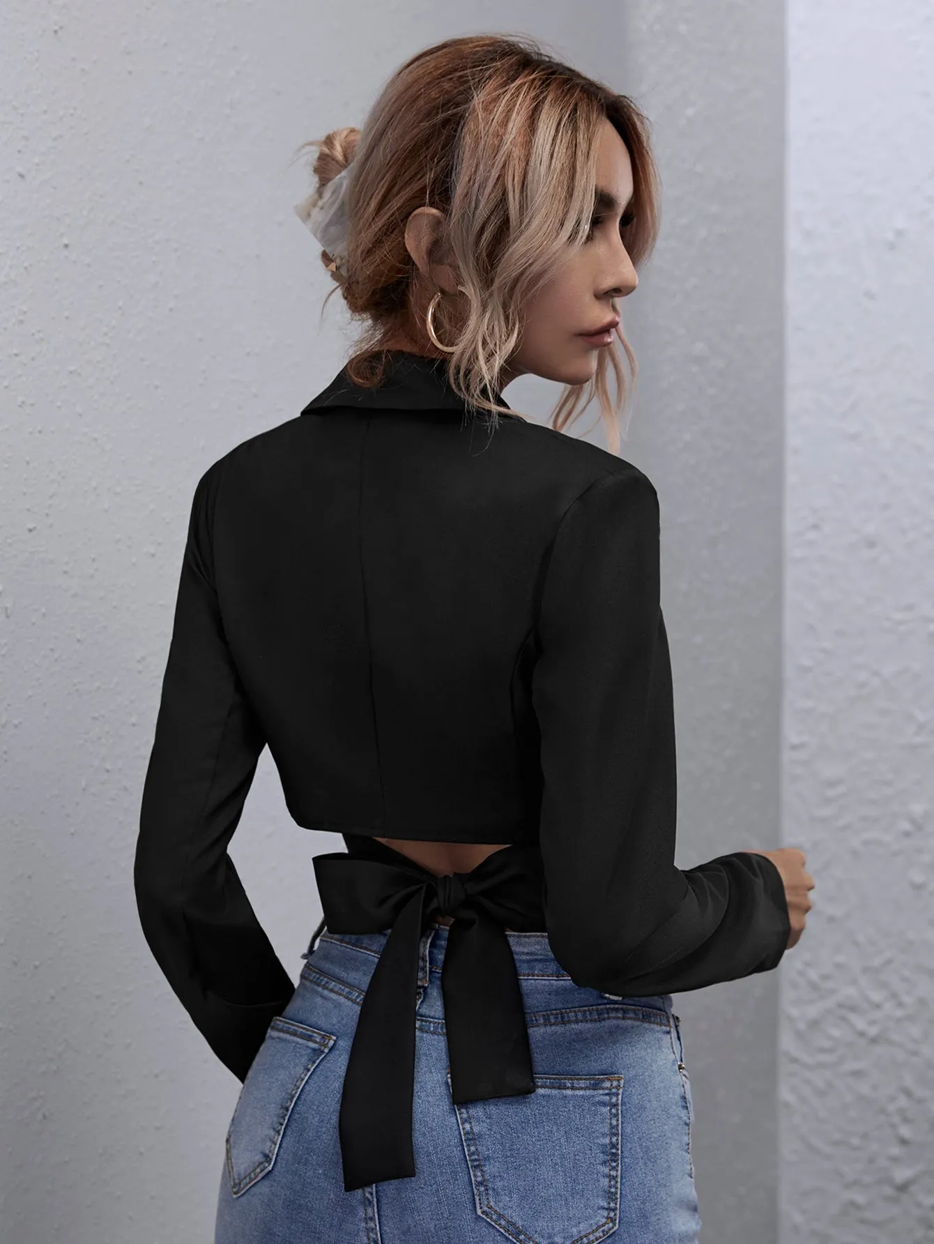 KittenAlarm - Lapel Neck Tie Back Crop Blouse