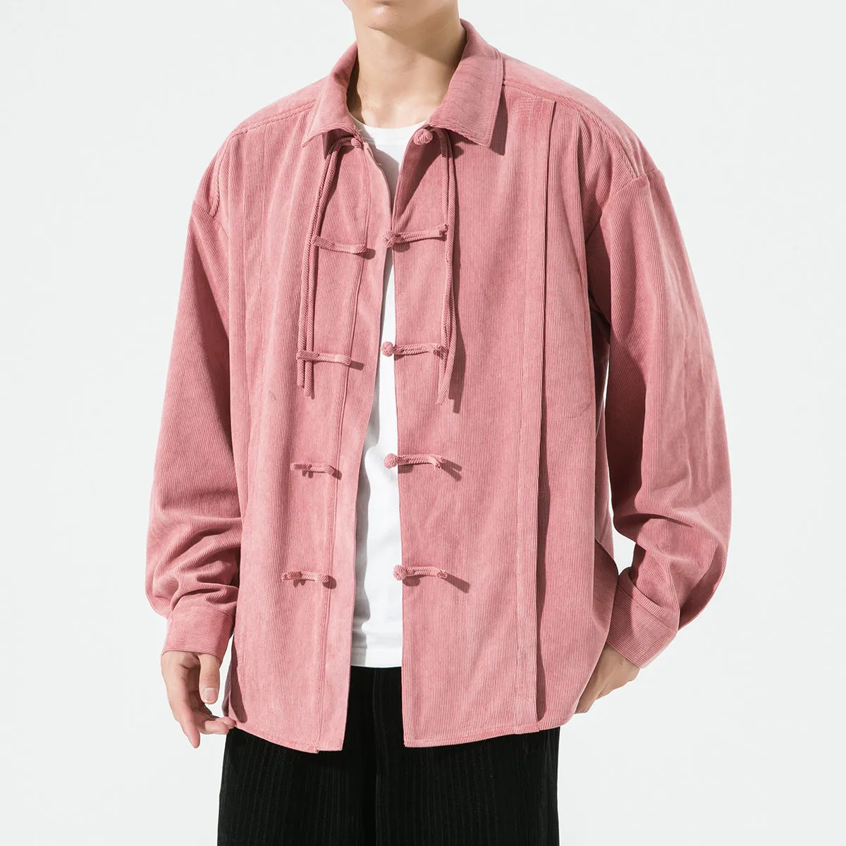 Loose Retro Flannel Washed Shirt with Turn-Down Collar Chinese Style Long Sleeve Blouse