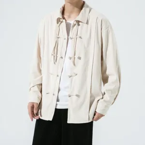 Loose Retro Flannel Washed Shirt with Turn-Down Collar Chinese Style Long Sleeve Blouse
