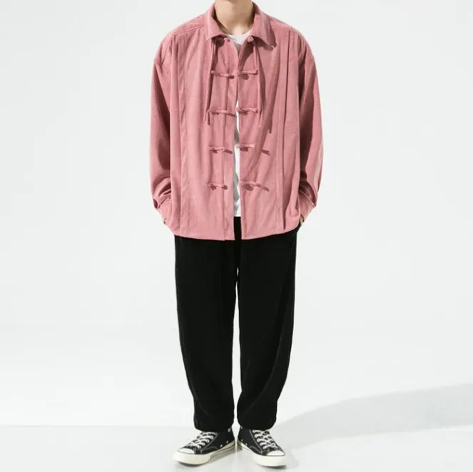 Loose Retro Flannel Washed Shirt with Turn-Down Collar Chinese Style Long Sleeve Blouse