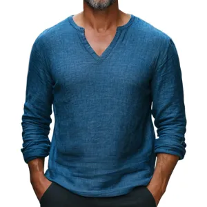 Men's Casual V-neck Solid Color Linen Long Sleeve T-shirt 38377618F