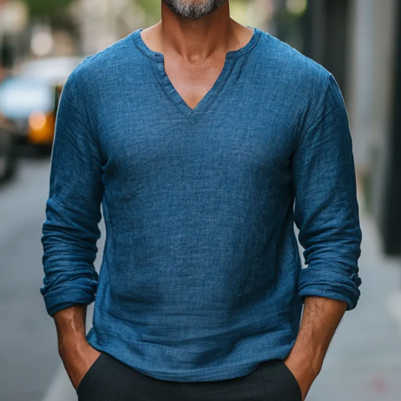 Men's Casual V-neck Solid Color Linen Long Sleeve T-shirt 38377618F