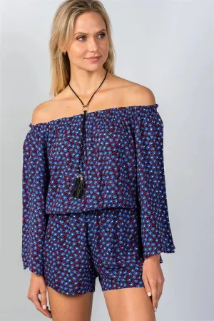Navy & Floral Print Off-The-Shoulder Romper /2-2-1