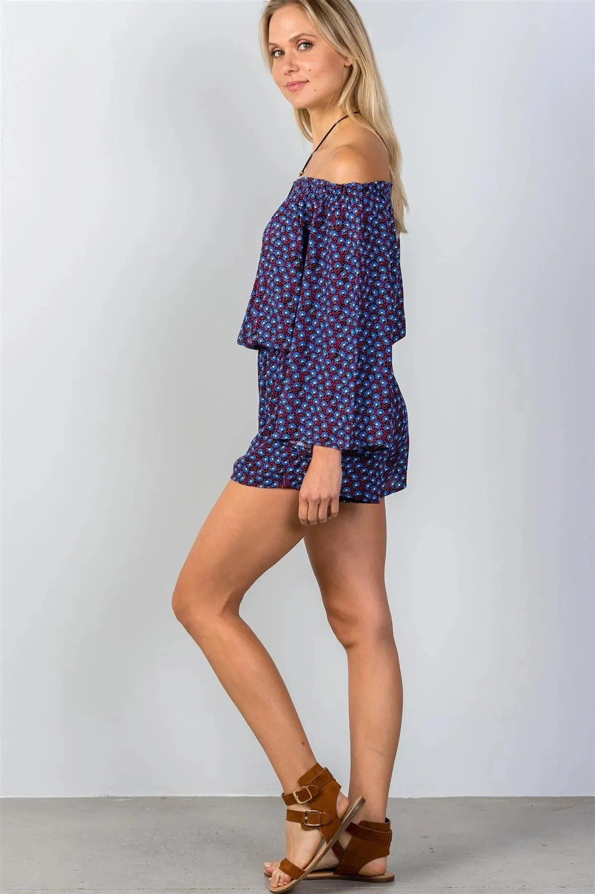Navy & Floral Print Off-The-Shoulder Romper /2-2-1