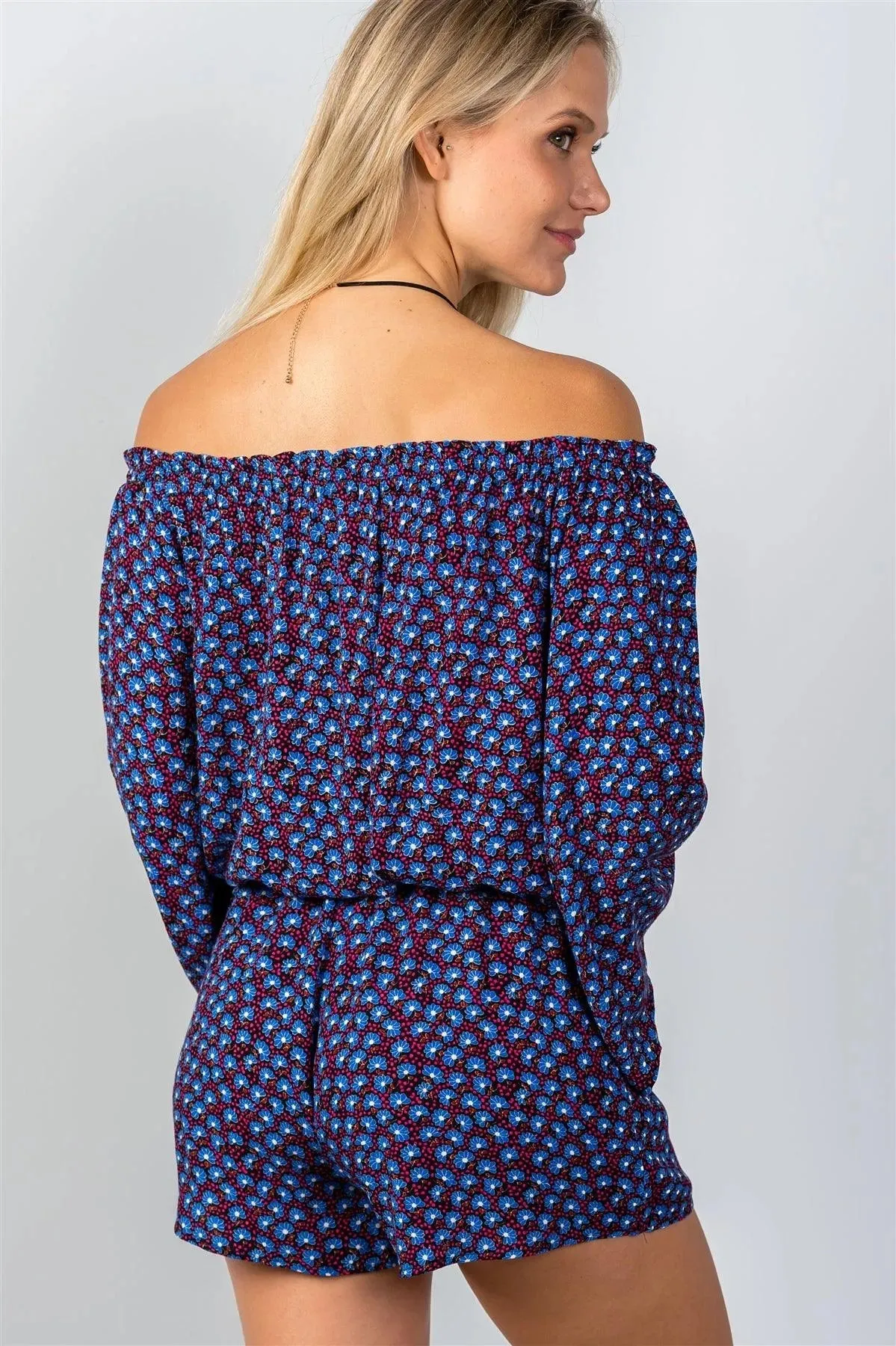 Navy & Floral Print Off-The-Shoulder Romper /2-2-1