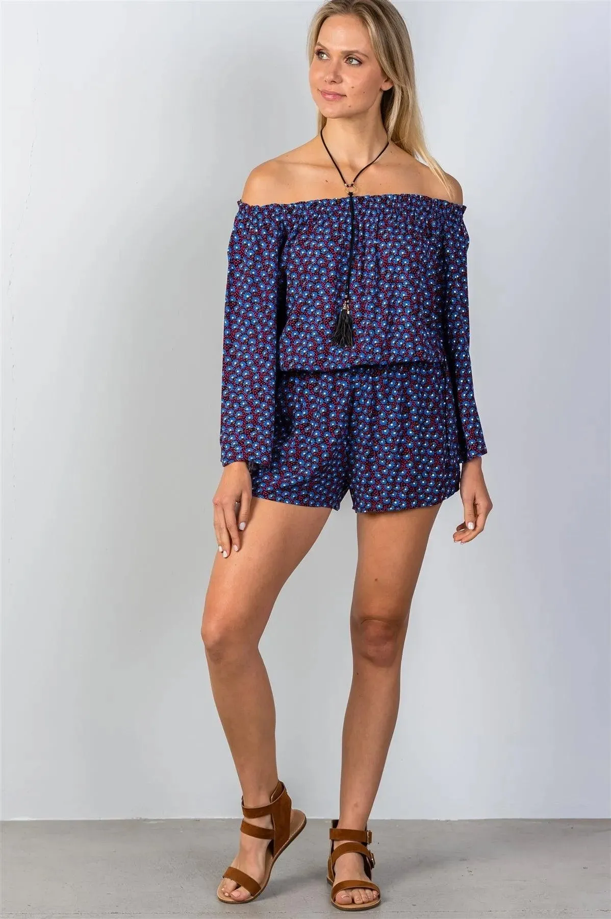 Navy & Floral Print Off-The-Shoulder Romper /2-2-1
