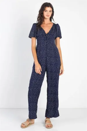 Navy Plisse Polka Dot Self-Tie V-Neck Wide Leg Romper