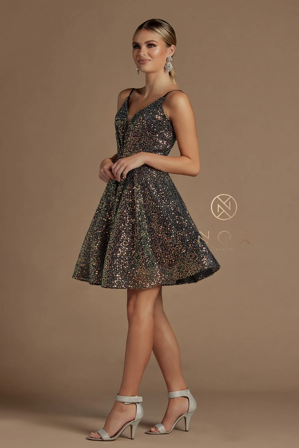 Nox Anabel R703 Size 2, 6 Lilac/Multi Short Fit & Flare Sequin Formal Cocktails Dress V Neck Gown