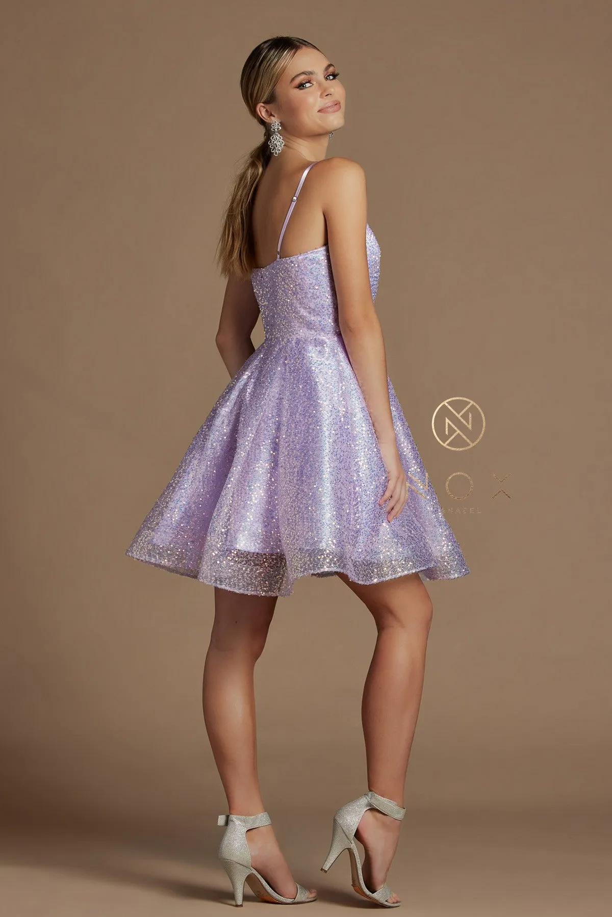 Nox Anabel R703 Size 2, 6 Lilac/Multi Short Fit & Flare Sequin Formal Cocktails Dress V Neck Gown
