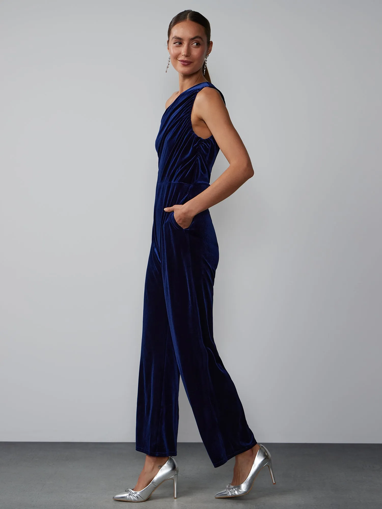 One Shoulder Ruched Velvet Jumpsuit