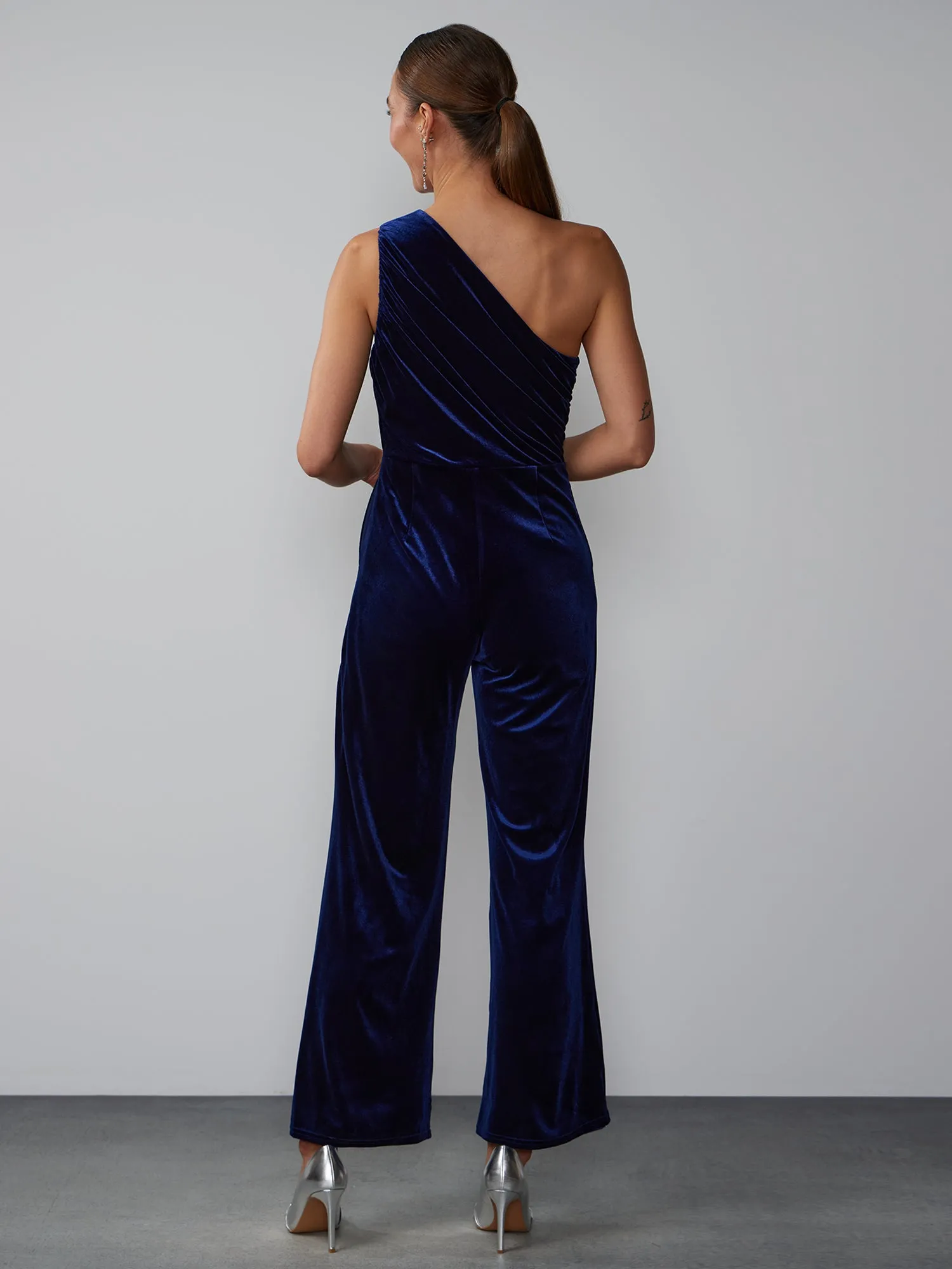 One Shoulder Ruched Velvet Jumpsuit